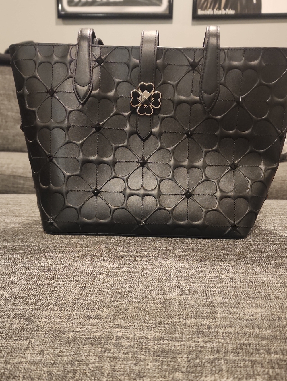 Kate Spade Black Floral Tote Bag with Silver Clover Accent